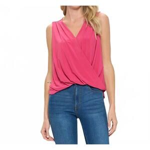 NEW LAST TANGO sleeveless high-low v neck twisted hem top in hot pink